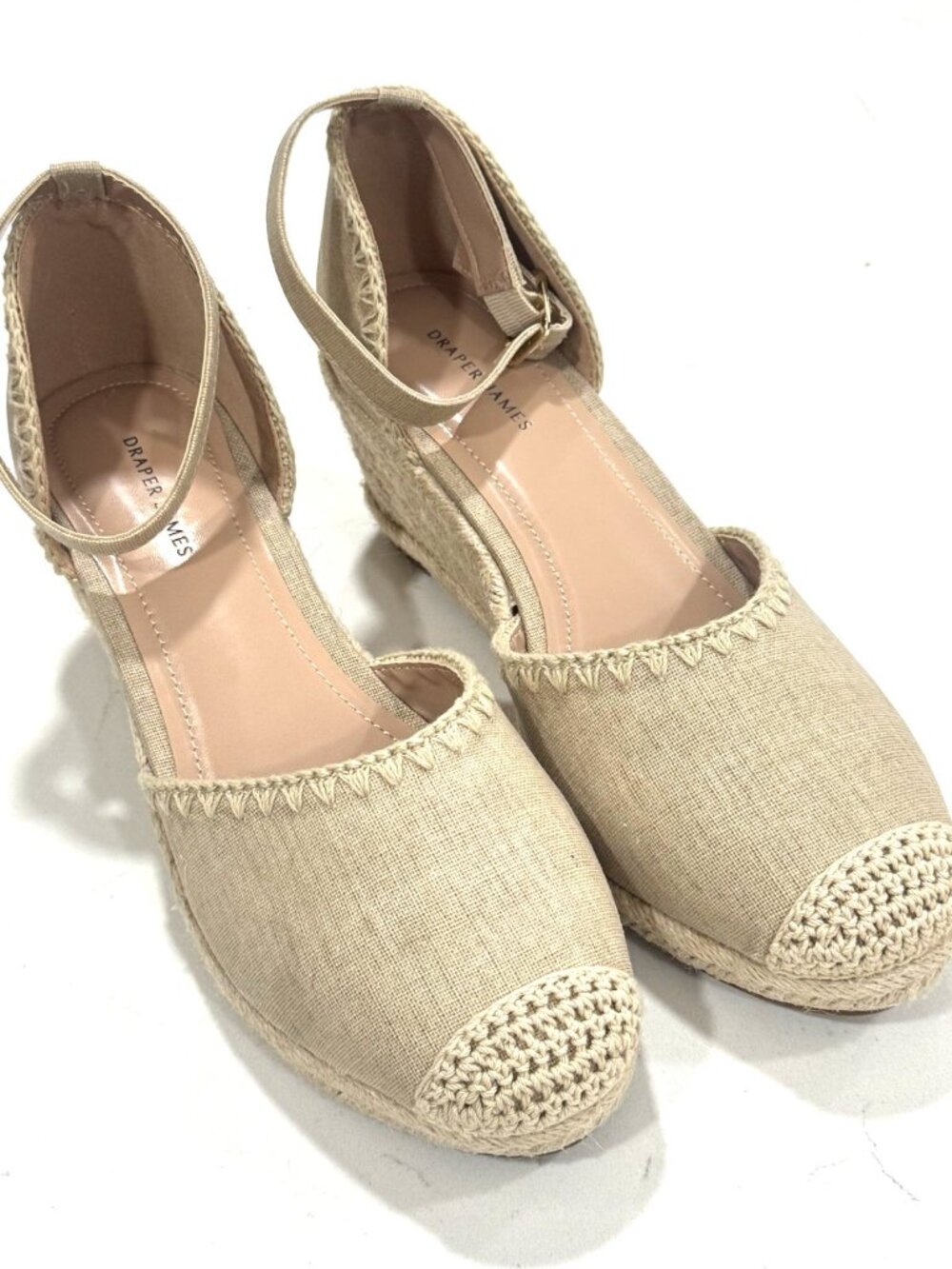 Draper James Tan Canvas Jut Espadrille Wedges Size 8.5 Ankle Wrap Coastal Summer
